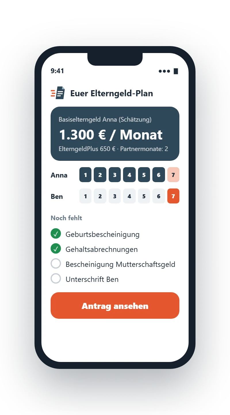Zackraus auf dem Handy: Elterngeld-Plan mit Monaten und Checkliste
